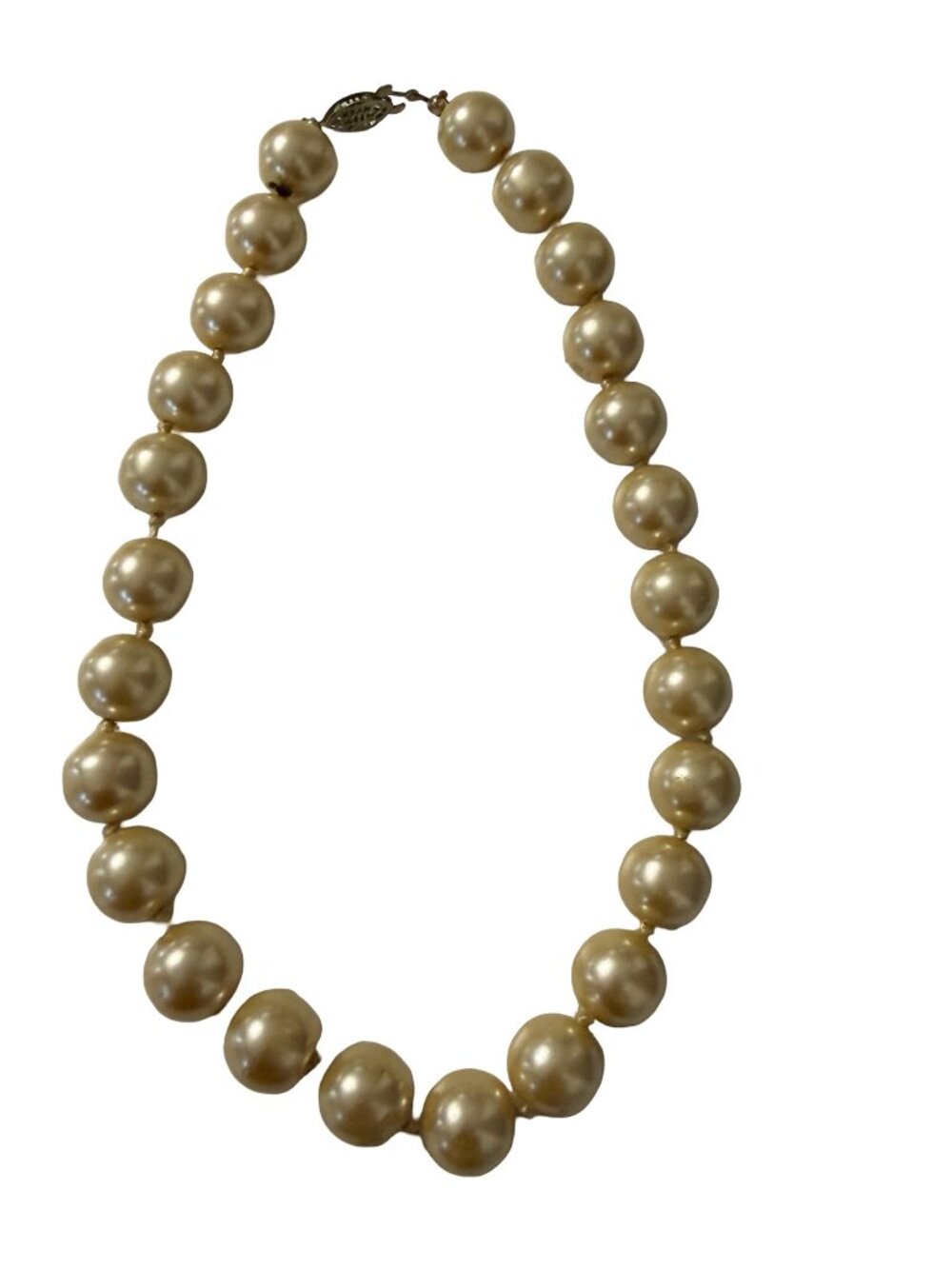 Vintage Glass Faux Pearl Choker Necklace Cream Ivory Knotted Beads 14"